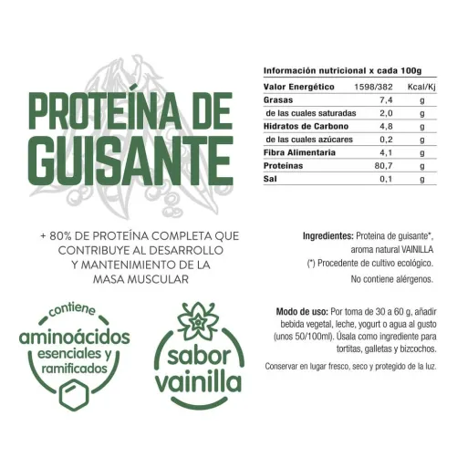 Venta de proteina de guisante ecológica con vainilla.