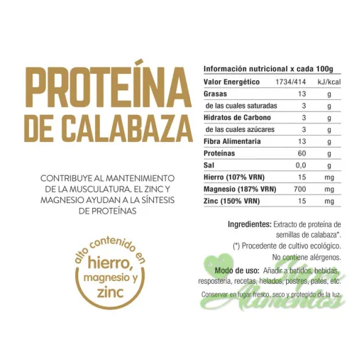 Comprar proteína de calabaza ecológica a granel. Superalimento vegano