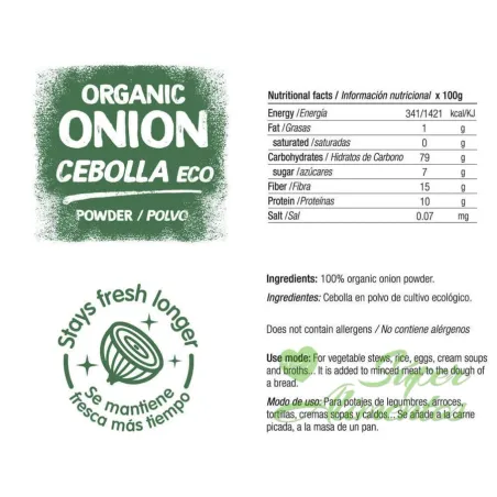 Comprar cebolla deshidratada ecológica en polvo a granel.