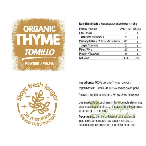 Comprar tomillo deshidratado ecológico a granel en polvo.