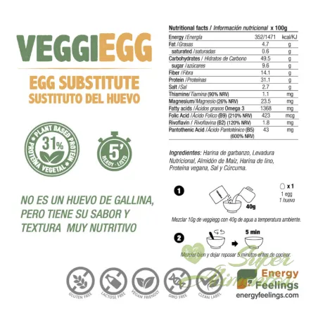 Comprar preparado alimenticio sustituto del huevo de gallina. Huevo vegano de Energy Feelings. Veggiegg