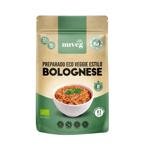 Comprar Veggie Bolognese Nuveg, boloñesa vegana a base de proteína vegetal texturizada con verduras y especias deshidratadas