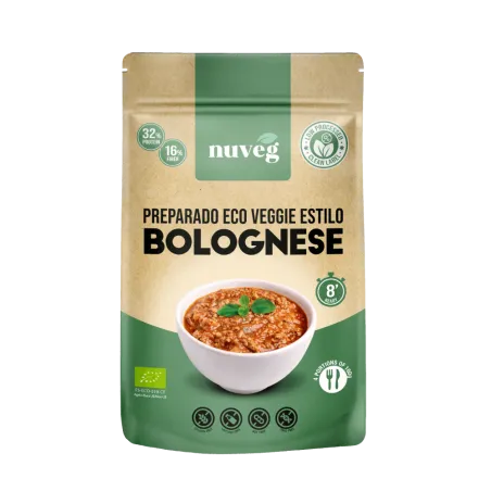 Comprar Veggie Bolognese Nuveg, boloñesa vegana a base de proteína vegetal texturizada con verduras y especias deshidratadas