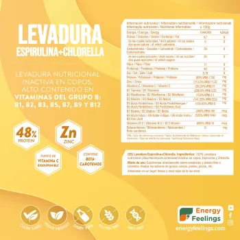 Comprar levadura nutricional con espirulina y chlorella, ingredientes ECO. Rica en proteina y Vitaminas del grupo B