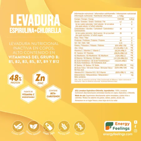 Comprar levadura nutricional con espirulina y chlorella, ingredientes ECO. Rica en proteina y Vitaminas del grupo B