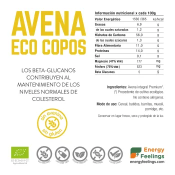 Venta de copos de avena ecológicos a granel y sin gluten Energy Feelings