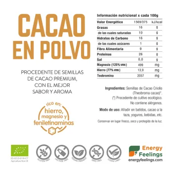 Comprar cacao crudo en polvo ecológico y desgrasado. Superalimento a granel con la garantia de Energy Feelings.