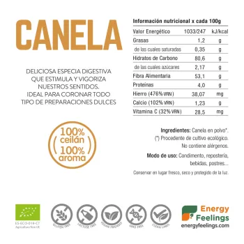 Comprar canela de Ceilán en polvo ecológica a granel de Energy Feelings