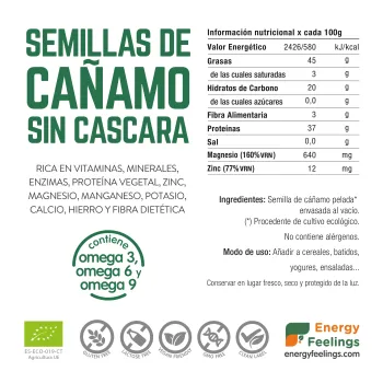 Comprar cañamones pelados a granel. Energy Feelings. Envasados al vacío
