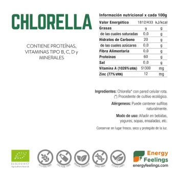 Comprar chlorella ecologica en polvo a granel. Superalimento de Energy Feelings.