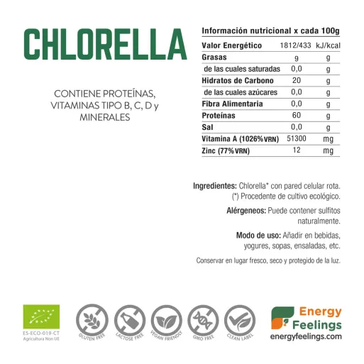 Comprar chlorella ecologica en polvo a granel. Superalimento de Energy Feelings.