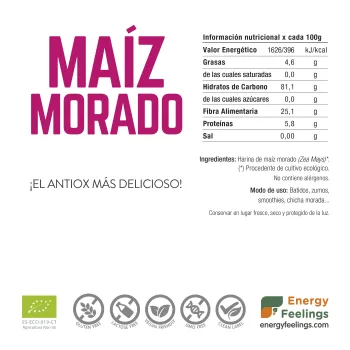 Comprar harina ecológica de maiz morado a granel de Energy Feelings. Superalimento a granel.