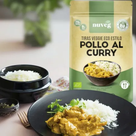 Comprar Pollo vegano al curry Nuveg. Comprar carne vegana a base de proteína vegetal texturizada.