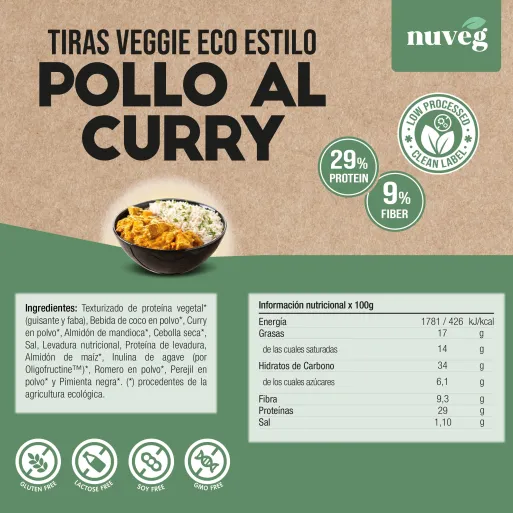 Comprar Pollo vegano al curry Nuveg. Comprar carne vegana a base de proteína vegetal texturizada.