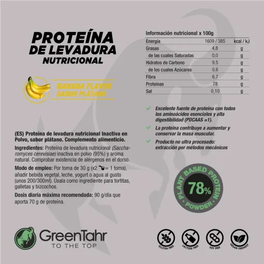 Comprar proteína de levadura nutricional con un 78% de proteína vegetal sabor banana