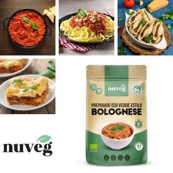 Comprar Veggie Bolognese Nuveg, boloñesa vegana a base de proteína vegetal texturizada con verduras y especias deshidratadas