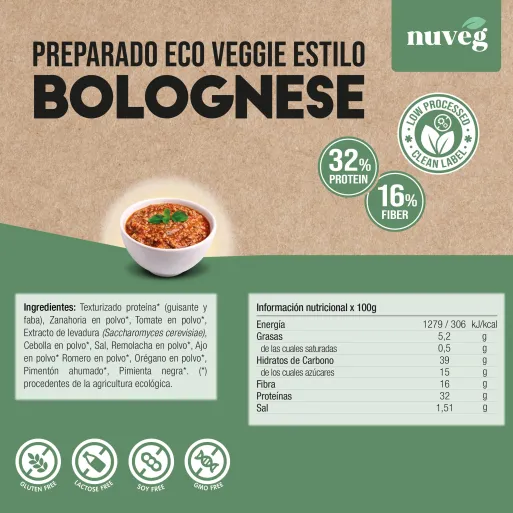 Comprar Veggie Bolognese Nuveg, boloñesa vegana a base de proteína vegetal texturizada con verduras y especias deshidratadas