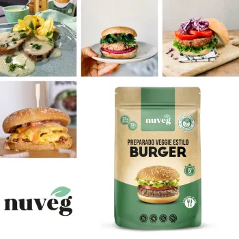 Comprar veggie burger Nuveg. Comprar hamburguesa vegana, carne vegana a base de proteína vegetal texturizada con verduras y espe
