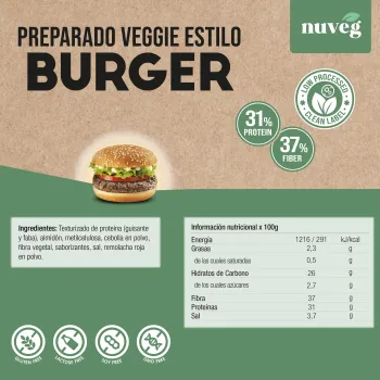 Comprar veggie burger Nuveg. Comprar hamburguesa vegana, carne vegana a base de proteína vegetal texturizada con verduras y espe