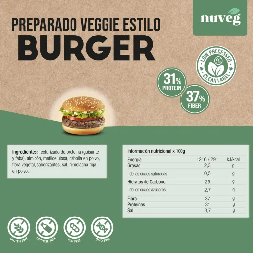 Comprar veggie burger Nuveg. Comprar hamburguesa vegana, carne vegana a base de proteína vegetal texturizada con verduras y espe